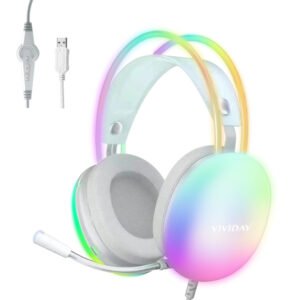 VIVIDAY Stereo Gaming Headset ，Noise Cancelling Over Ear Headphones with Mic, RGB Rainbow Backlit Headset, Bass Surround, Soft Memory Earmuffs (Mint Green)