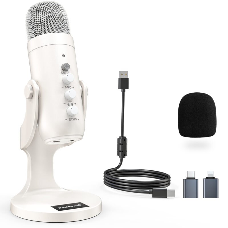 ZealSound USB Microphone,Condenser Computer PC Mic K66 White