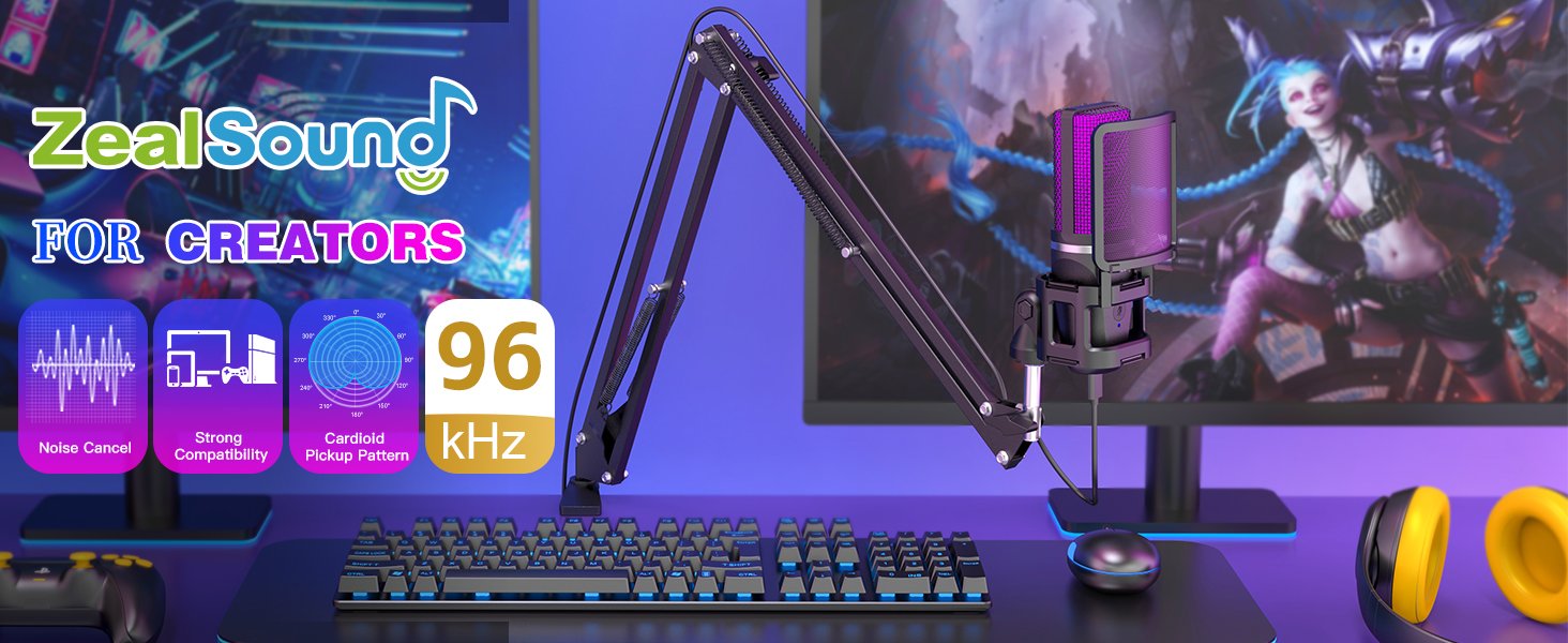 thumbnail image 2 of ZealSound KD9S USB Gaming Microphone With RGB - 192kHz, Noise Cancellation, Boom Arm, For Streaming & Podcasting 2 of 11