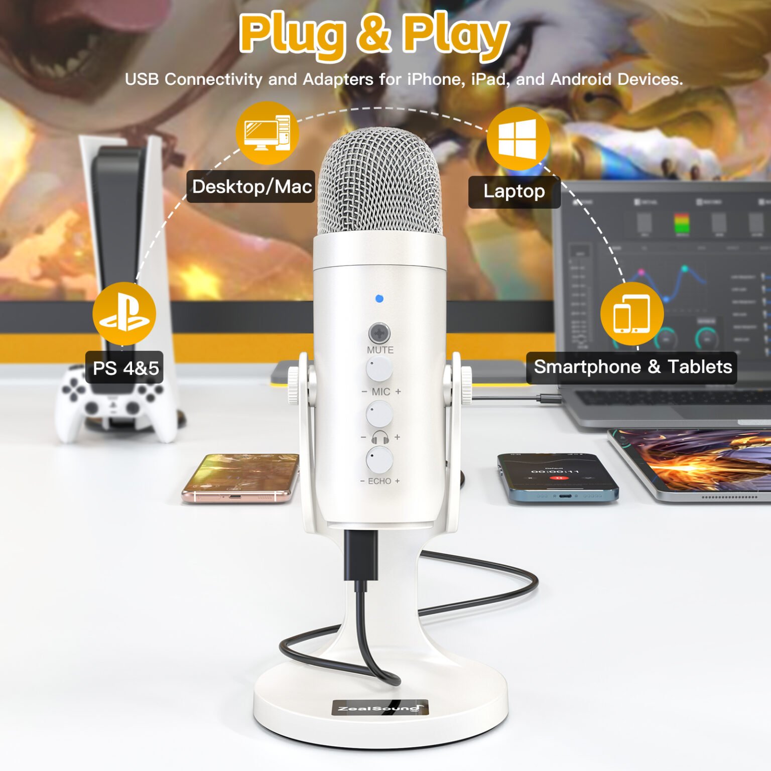 Zealsound Usb Microphone Condenser Computer Pc Mic K66 White Zealsound