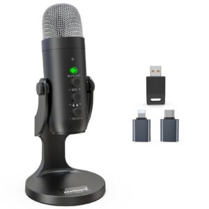 ZealSound K66DG Wireless Microphone,USB Mic for iPhone PC iPad Android Phone-Cordless Condenser Desktop Microphones with Mute Echo Monitor Volume Gain Bluetooth 2.4GHz for Podcast,ASMR,Gaming,YouTube Video