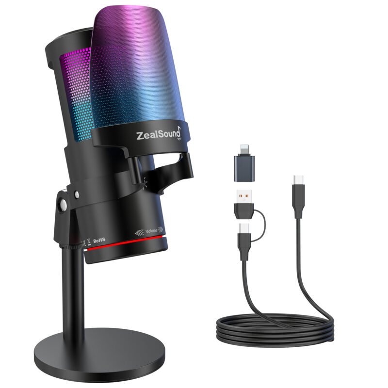 ZealSound Gaming USB Microphone KM8,Noise Cancellation Condenser mic with RGB Light,Touch Mute,Gain