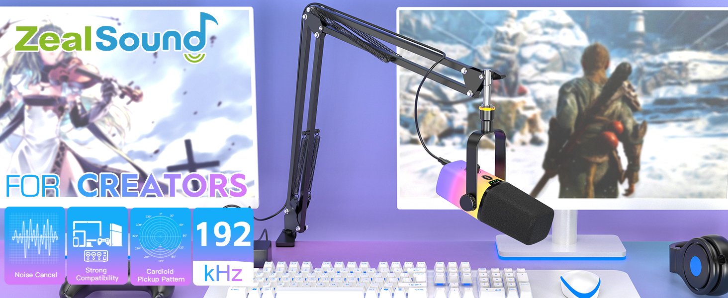 thumbnail image 2 of ZealSound KD9S USB Gaming Microphone With RGB - 192kHz, Noise Cancellation, Boom Arm, For Streaming & Podcasting 2 of 11