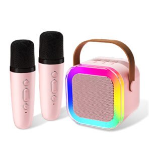 Mini Karaoke Machine for Kids, Haomuren Protable Bluetooth Speaker with 2 Wireless Microphone and LED Color Lights, Birthday Easter Gifts Toys for Girls Boys Friends Age 3-12+ Years Old (Pink)