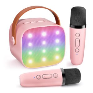 Roll over image to zoom in Mini Karaoke Machine for Kids, Haomuren Portable Bluetooth Karaoke Speaker with 2 Wireless Microphones and LED Lights, Easter Birthday Gifts for Girls Ages 3, 4, 5, 6, 7, 8, 9, 10, 12 +Year Old Pink