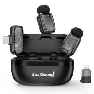 ZealSound Mini Wireless Lavalier Microphone for iPhone iPad Android Tablets PC(USB-C/Lightning)-2 Transmitters with Charging Case,Noise Reduction/33H Battery Life Lapel Mic for Podcast,YouTube Videos