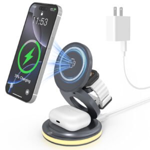 ZealSound Wireless Charger Magnetic 3 in 1,Foldable Wireless Charging Station for Multiple Devices,15W Fast Charger Stand W/Night Light & 30W Adapter for iPhone,Apple Watch,AirPods,Home Office Travel