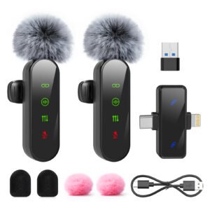ZealSound Mini Microphone for iPhone with LED Display,Wireless Lavalier Mic with USB-C/Lightning/USB - Noise Reduction & Echo Effect,6 Windscreen Furry Muff Mics for TikTok,Podcast,ASMR,YouTube Videos