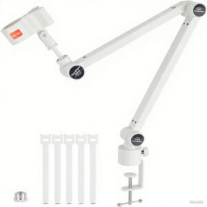 ZealSound Mic Arm Premium White Boom Arm Microphone Stand with 360° Rotation Fully Adjustable Heavy Duty Desk Mount Universal Compatibility