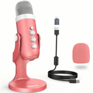 Haomuren Pink USB Gaming Microphone for PC/Phone/PS5, Studio Mic with Mute, Echo, Gain & Monitor Control for Streaming, Podcast, ASMR, Vocal