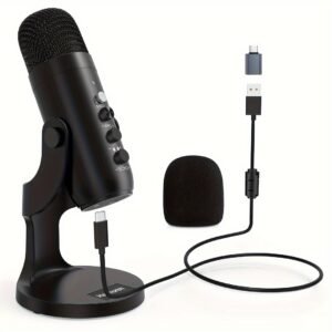 Haomuren USB Condenser Microphone for PC/Mac, Plug & Play Gaming Mic with Headphone Output, Mute, Volume & Gain Control, for Podcast/Vocal/Streaming