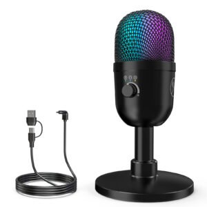 Zealsound Gaming Condenser Microphone with RGB Lights, Studio USB Mic for PC, Mac, iPhone, Plug & Play, Mute & Gain Control, Monitoring for Streaming, Podcasting, TikTok, YouTube